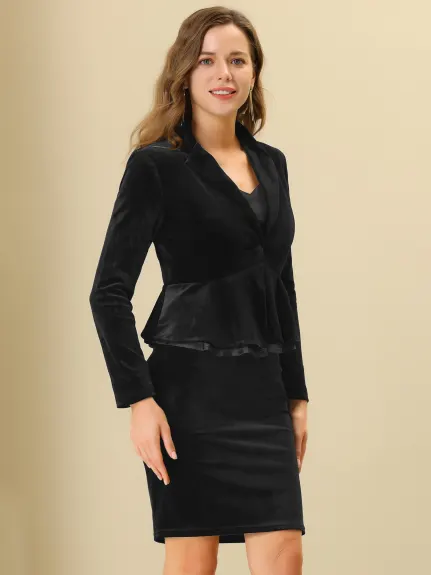 Allegra K- Button Velvet Peplum Blazer Pencil Skirt Suit Set