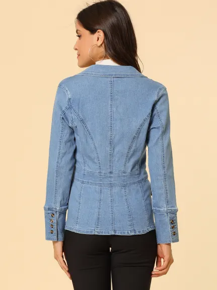 Allegra K- Veste en jean boutonnée à revers cranté avec poches