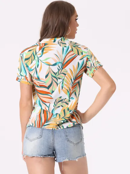 Allegra K- Beach Tropical Floral Leaves Button Down Shirt