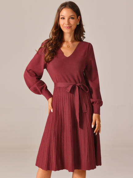 INSPIRE CHIC - V-Neck Tie Waist Pleated Dress