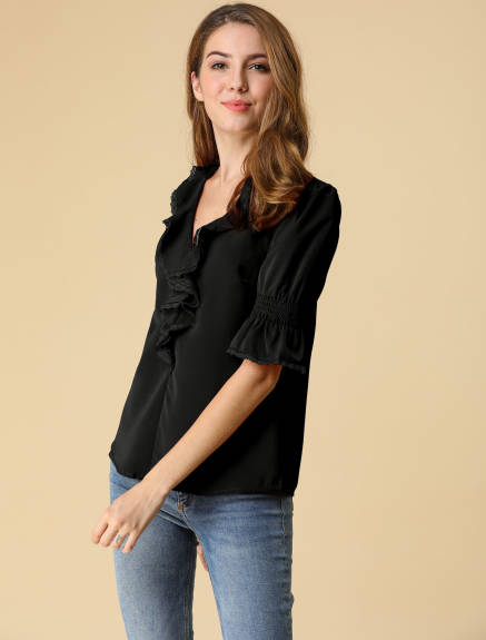 Allegra K- Ruffled V Neck Puff Elbow Sleeve Chiffon Blouse