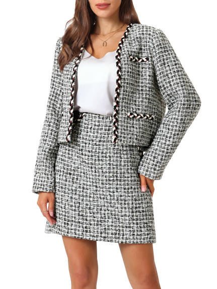 Hobemty- Plaid Tweed Blazer Jacket and Skirt Set