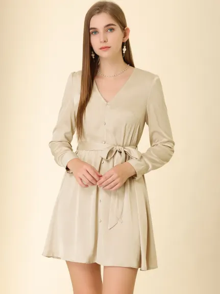 Allegra K- Elegant Satin V Neck Belted A-Line Dress