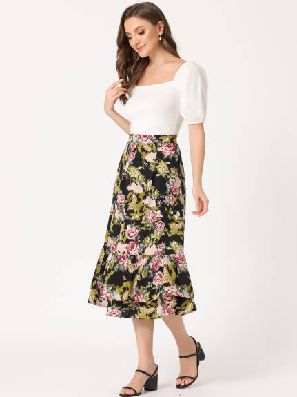 Allegra K- Printed Chiffon Ruffle Tiered Zipper Midi Skirt