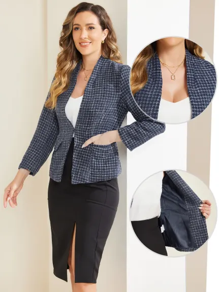 Allegra K- Vestes blazer à manches longues en tweed à carreaux