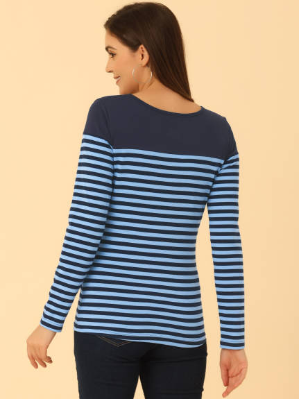 Allegra K- Color Block Long Sleeve Stripe T-Shirt