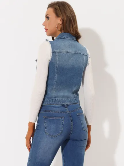 Allegra K- Denim Pearls Distressed Cropped Jacket