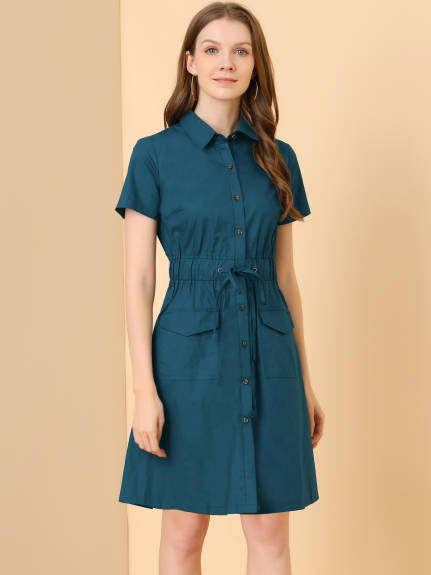 Allegra K- Button Down Cotton Flare Shirt Dress