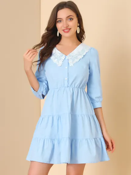 Allegra K- Lace Collar Half Placket Cotton Tiered Dress