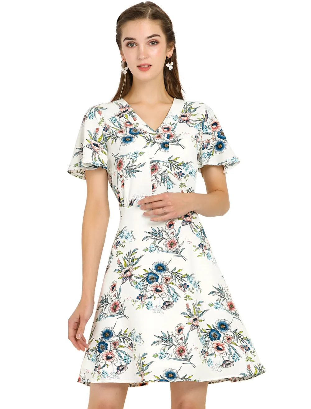 Allegra K- Floral Short Sleeves A-Line Dress