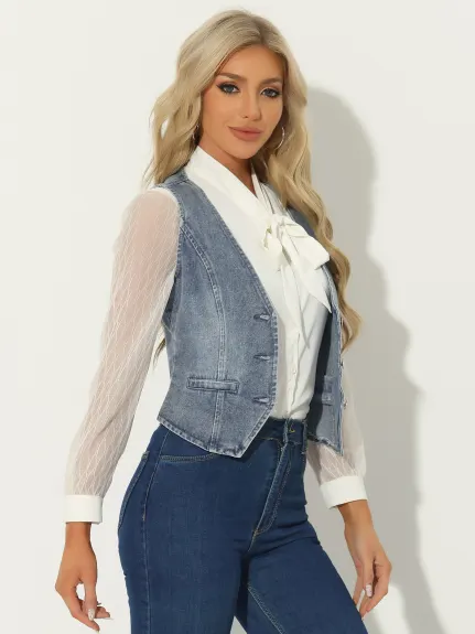 Allegra K - Veste gilet en denim lavé boutonnée à col en V