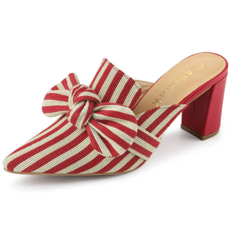 Allegra K- Stripe Pointed Toe Block Heel Bow Slides Mules