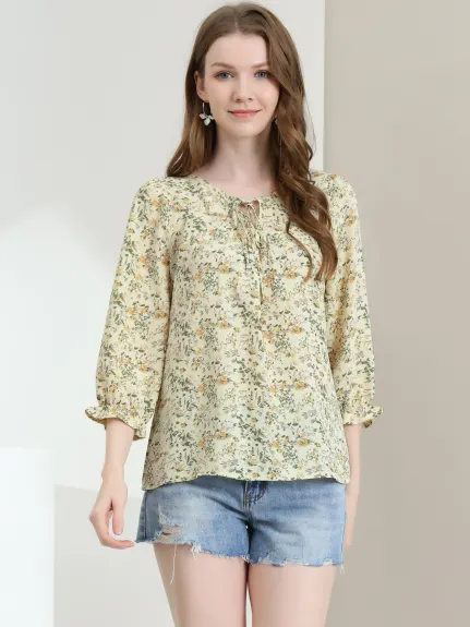 Allegra K- Tie Blouse florale à manches 3/4 et col en V