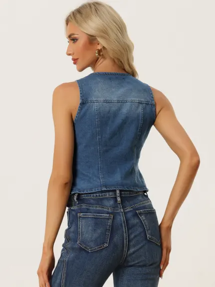 Allegra K- V veste en Jean délavé