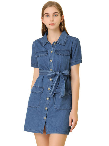 Allegra K- Belted Jean Denim ShirtDress