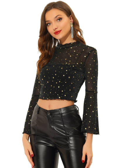 Allegra K - Glitter Flounce Sleeve Mesh Crop Top