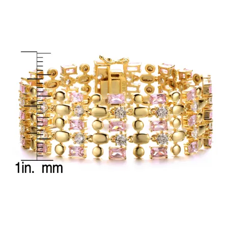 Rachel Glauber 14k Yellow Gold Plated Pink Morganite & Cubic Zirconia Wide Geometric Mesh Link Bracelet