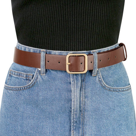 Allegra K- Square Pin Gold Buckle Wide Leather Waist Belt