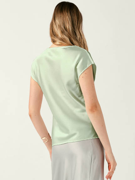 Allegra K - Cowl Neck Short Sleeve Satin Top