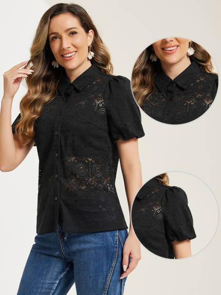 Allegra K- Boho Button Down Lace Blouse