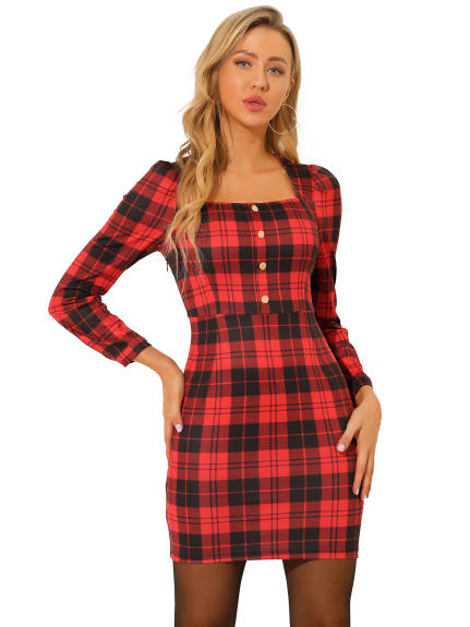 Allegra K- Square Neck Long Puff Sleeve Mini Plaid Dress