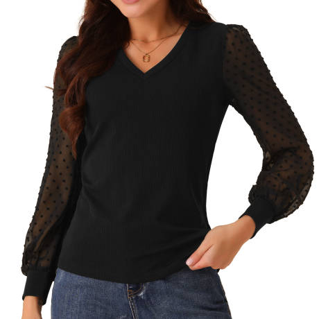 Allegra K - V Neck Swiss Dot Long Sleeve Blouse