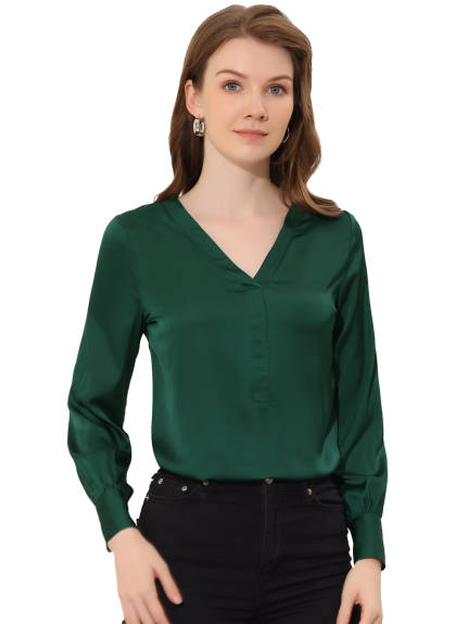 Allegra K - Elegant Satin Long Sleeve Solid Work Blouse