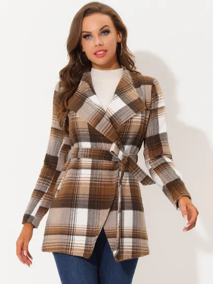 Allegra K- Shawl Collar Belted Asymmetrical Hem Plaid Coat