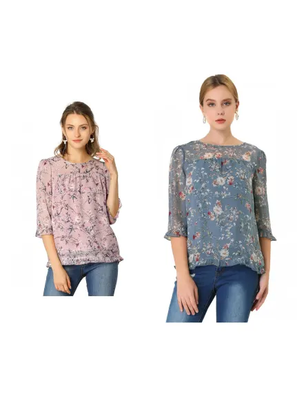 Allegra K- Blouse florale en mousseline à manches 3/4 et à volants