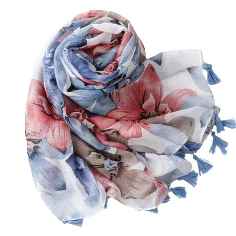 Floral Botanical Scarf with Tassels in Blue and Red - Don't AsK