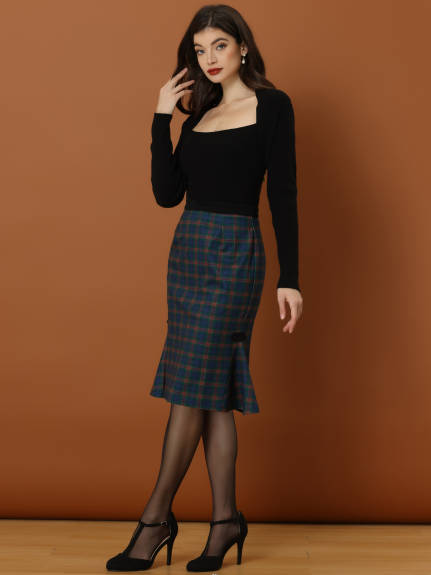 Allegra K - Plaid Retro Buckle Side Fishtail Skirt