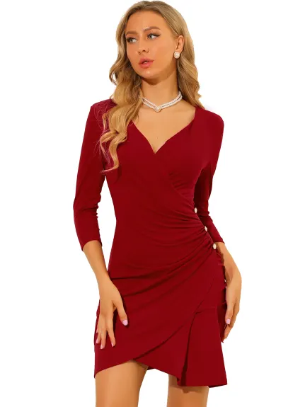 Allegra K- V Neck Ruched 3/4 Sleeves Wrap Bodycon Dress