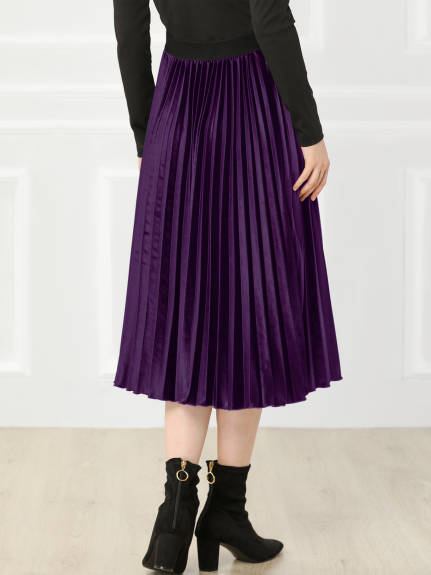 Allegra K- Winter Elastic Waist Velvet Pleated Midi Skirt