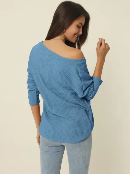 Allegra K- V Neck Waffle Knit Long Sleeve Slim Fit Top