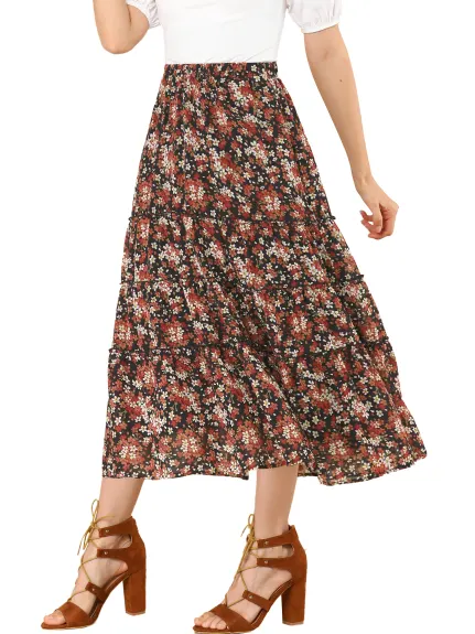 Allegra K- Floral Tiered A-Line Long Chiffon Skirt