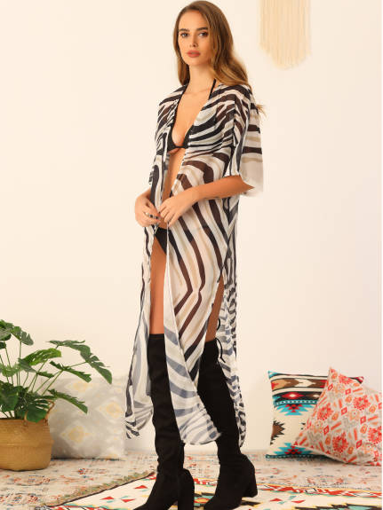 Allegra K- maillot de bain Cover Up Cardigan fluide Long Boho mousseline Kimono