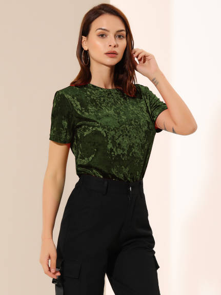 Allegra K- Velvet Top Crew Neck Short Sleeve T-Shirt