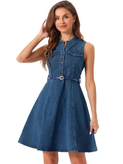 Allegra K- Denim Sleeveless Belted Flare Shirt Dress