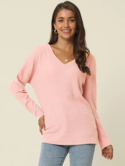 Allegra K- V Neck Waffle Knit Long Sleeve Slim Fit Top