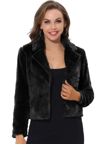 Allegra K- Notch Lapel Faux Fur Fluffy Cropped Coat