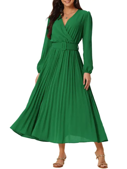 Allegra K- Pleated Puff Long Sleeve V Neck Belt Waist Midi Dress