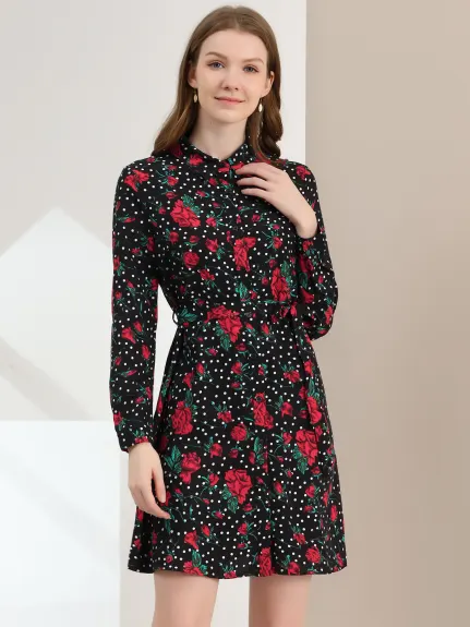 Allegra K- Lapel Button Down Belted Floral Shirt Dress