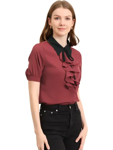 Allegra K- Contrast Collar Tie Ruffle Front Short Sleeve Shirt