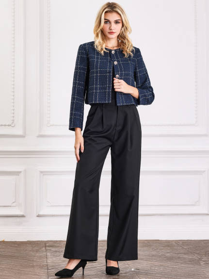 Hobemty - Collarless Button Crop Plaid Blazer