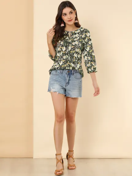 Allegra K- Tie Blouse florale à manches 3/4 et col en V