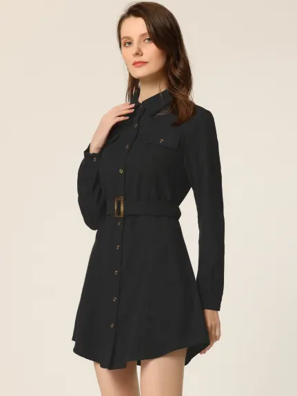 Allegra K- Safari Point Collar Belted Corduroy Shirt Dress