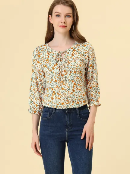 Allegra K- Tie Blouse florale à manches 3/4 et col en V