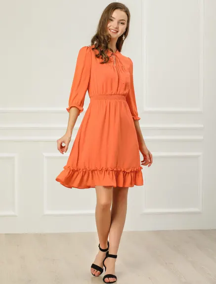 Allegra K- Layered Ruffle Hem 3/4 Sleeve Smocked Chiffon Dress