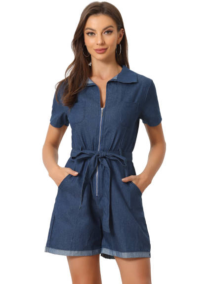 Allegra K - Chambray Zip Up Denim Shorts Romper