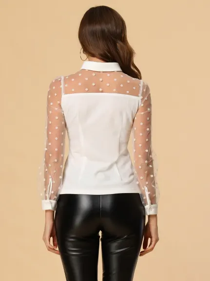 Allegra K- Mesh Panel Dots Long Sleeve Half Placket Shirt
